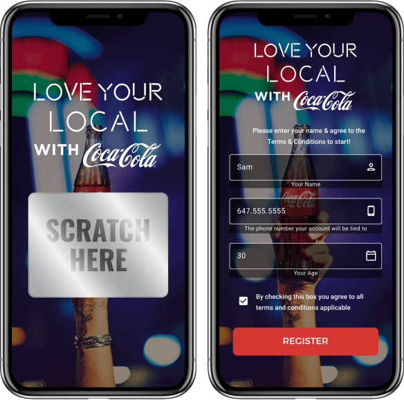 Two selected interfaces of the campaign “Love Your Local with Coca-Cola” The users may scratch the tile on the first interface to win a prize. The users may fill up the contact form on the second interface to participate in the campaign.